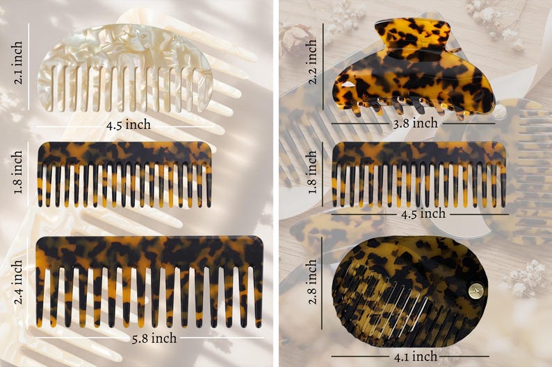 Op de afbeelding: Een collectie haar kammen en een haarklem in schildpadpatroon en parelmoerwit. De kammen meten tot 14,7 cm, de klem 9,6 cm. De afbeelding toont verschillende vormen en maten van haaraccessoires.