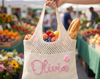 Personalized Crochet Beach Tote Bag, Bridal Party Gift, Custom Embroidered Name Tote,Handmade Knit Summer Bag,Bridesmaid Gift,Boho Beach Bag