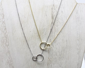 Double Circle Necklace - Silver Eternity Necklace - Karma Necklace - Hoop Necklace - Silver Ball Chain