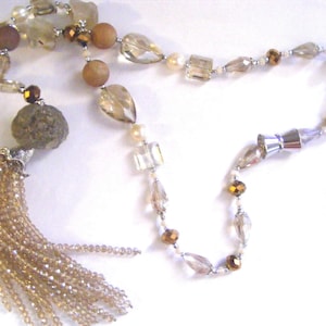 Sale.   30 Dollars Off.  Golden Quartz Rough Rock Nuggets, Glass Beaded Lariat Necklace, Fw Pearls, with Magnetic Clasp