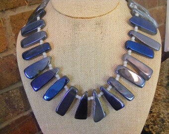 Exotic Metallic Blue Polished Agate Freeform Nuggets Elaborate Toggle Clasp Necklace