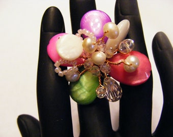 Green, Pink, Lavender  Shells Petals, White Pearls, Gold Brass  Handwrapped Adjustable Back