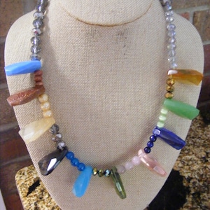 Boho Statement Necklace: Rose Quartz, Jade & Sunstone Faceted Beads
