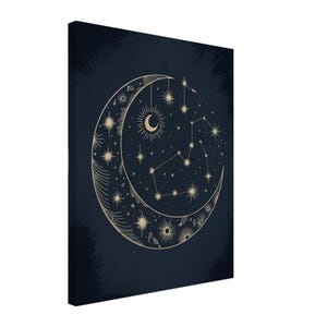 Decorazione murale con luna e stelle celestiali, poster mistico stampabile, decorazione spirituale boho in oro e blu navy