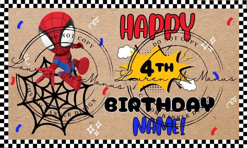 Puede incluir: Una pancarta de cumplea&ntilde;os rectangular con fondo de papel kraft marr&oacute;n y borde a cuadros blanco y negro. Incluye un personaje de superh&eacute;roe de dibujos animados, una telara&ntilde;a negra y el texto HAPPY 4TH BIRTHDAY NAME en rojo, negro y azul.