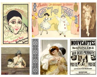 Efímeras del Payaso Pierrot: Collage digital vintage de 10 páginas, descarga digital