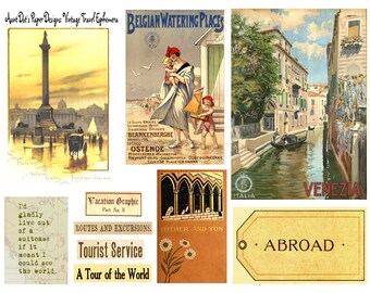 May include: Vintage travel ephemera collage with images of Trafalgar Square, Venice, and Belgian seaside resorts. The collage includes text such as "Vacation Graphic", "Tourist Service", "A Tour of the World", and "ABROAD".