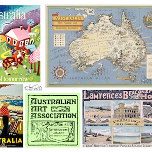 Bestemmingen: Australië. 10 pagina's vintage digitale ephemera voor papierkunst, wenskaarten, gemengde media en meer