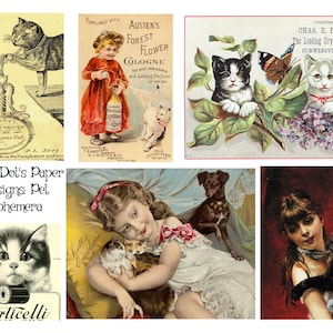Coisas efêmeras para cães e gatos, 10 páginas de imagens vintage para diários indesejados, diários, criação de cartões, projetos de arte e muito mais