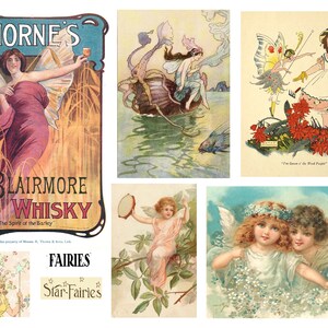 May include: A collection of vintage illustrations showcasing fairies and related themes. One image is an advertisement for "Blairmore Whisky" with a woman holding a glass. Other images depict fairies, angels, and related text, including "Fairies" and "Star Fairies".