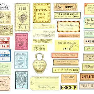 Etiquetas vintage aleatórias com 3 páginas de enfeites para diários indesejados, cartões comemorativos, projetos de papel, decoupage e muito mais