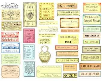 Étiquettes vintage aléatoires, 3 pages d'embellissements pour journaux indésirables, cartes de voeux, projets papier, découpage et plus