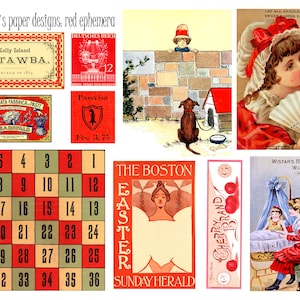 Echt rode Ephemera 10 pagina's met vintage afbeeldingen voor ongewenste tijdschriften, planners, kaarten maken, kunstprojecten