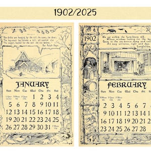 1902/2025 Kalender Ephemera 2 Seiten Vintage-Bilder für Junk Journals, Journals, Kartenherstellung, Kunstprojekte und Mehr
