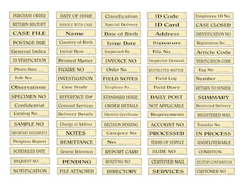 Étiquettes officielles au look vintage avec mots et expressions en 2 tailles et 2 polices pour les journaux indésirables, les journaux, la fabrication de cartes, les projets artistiques et plus encore