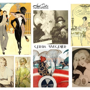May include: A collage of vintage illustrations featuring women in various settings. The illustrations are in black and white and color, and depict women in fashionable clothing and accessories. The illustrations are from the early 20th century and have a classic art deco style.