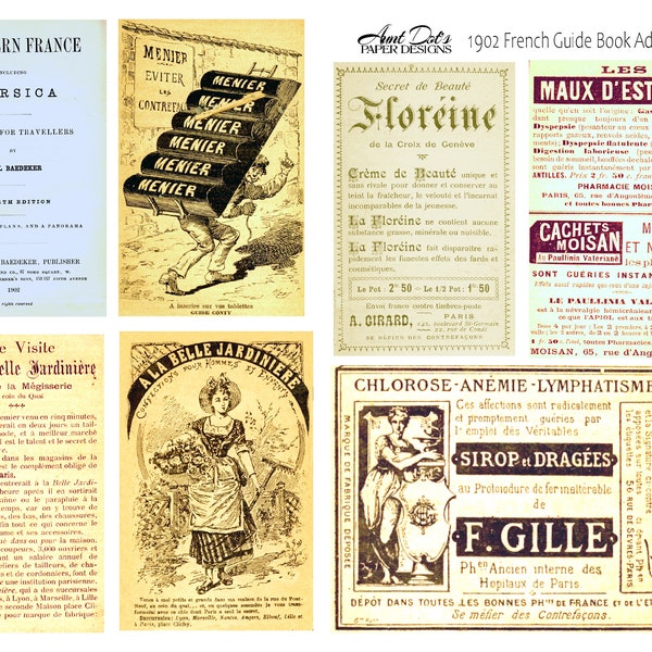 1902 French Guide Book Advertising 3 Pages for Junk Journals, Journals, Card-Making, Art Projects and More