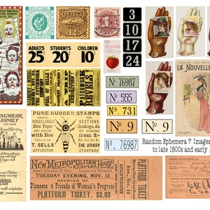 Coisas efêmeras aleatórias, 9 páginas de imagens vintage para periódicos indesejados, diários, criação de cartões, projetos de arte e muito mais