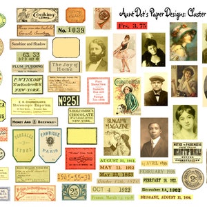 May include: A collection of vintage ephemera, including labels, stamps, and magazine covers. The designs feature text and illustrations in various colors, with a focus on historical and antique aesthetics. The collection includes the text "Aunt Dot's Paper Designs: Cluster Elements".