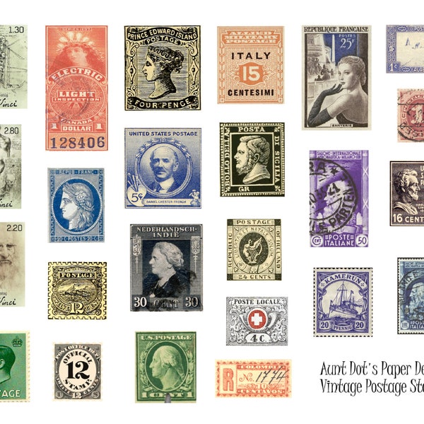 Vintage Postage Stamps, 6 Pages of Vintage Images for Junk Journals, Papercrafts, Mixed Media, Jewelry-Making