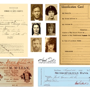 Tarjetas de identificación antiguas, facturas, recibos: 10 páginas de material efímero para diarios basura, revistas, creación de tarjetas, proyectos de arte y más