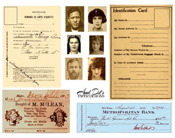 Tarjetas de identificación antiguas, facturas, recibos: 10 páginas de material efímero para diarios, revistas, tarjetas, proyectos de arte y más.