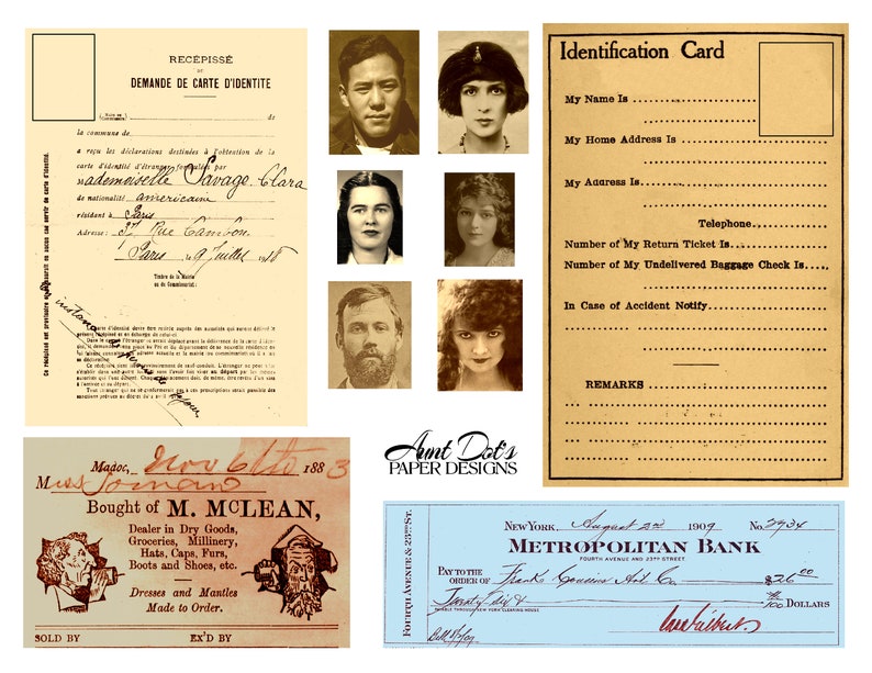 Cartes d'identité vintage, factures, reçus : 10 pages d'éphémères pour journaux indésirables, carnets, fabrication de cartes, projets artistiques et plus image 1