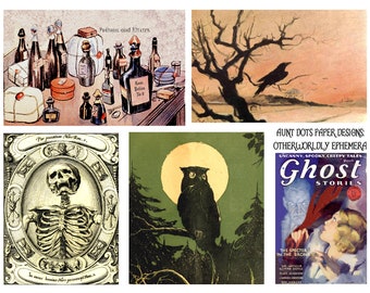 Può includere: Un collage vintage di immagini legate al terrificante e al macabro. Il collage include un disegno di uno scheletro, una bottiglia di pozione, un gufo appollaiato su un ramo e una copertina di rivista per una rivista di storie di fantasmi.