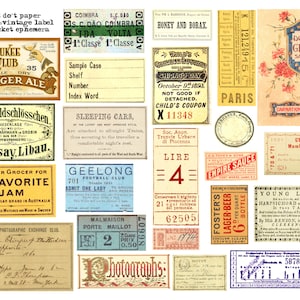 5 páginas de etiquetas vintage e ingressos em 2 tamanhos para diários indesejados, diários, criação de cartões, projetos de arte e muito mais