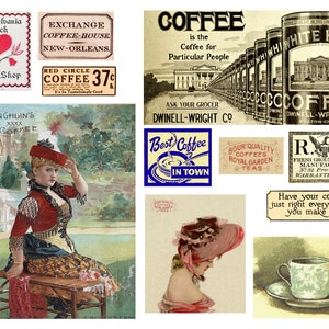 Coisas efêmeras de café vintage 10 páginas de imagens digitais vintage para diários indesejados, fabricação de cartões e artesanato em papel