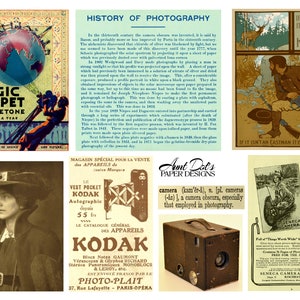 Puede incluir: Un collage de anuncios vintage para cámaras y fotografía. La imagen superior izquierda presenta un globo terráqueo con el texto "Magic Carpet of Movietone". La imagen superior derecha muestra a un hombre con un rifle y el texto "Si lo quieres - llévatelo - con una Kodak". La imagen inferior izquierda muestra un anuncio vintage de una cámara Kodak con el texto "Vest Pocket Kodak Autographic". La imagen inferior derecha muestra un anuncio vintage de una cámara Seneca con el texto "Seneca Hand Book for 1912".