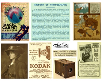 May include: A collage of vintage advertisements for cameras and photography. The top left image features a globe with the text "Magic Carpet of Movietone". The top right image shows a man with a rifle and the text "If you want it - take it - with a Kodak". The bottom left image shows a vintage Kodak camera advertisement with the text "Vest Pocket Kodak Autographic". The bottom right image shows a vintage Seneca camera advertisement with the text "Seneca Hand Book for 1912".