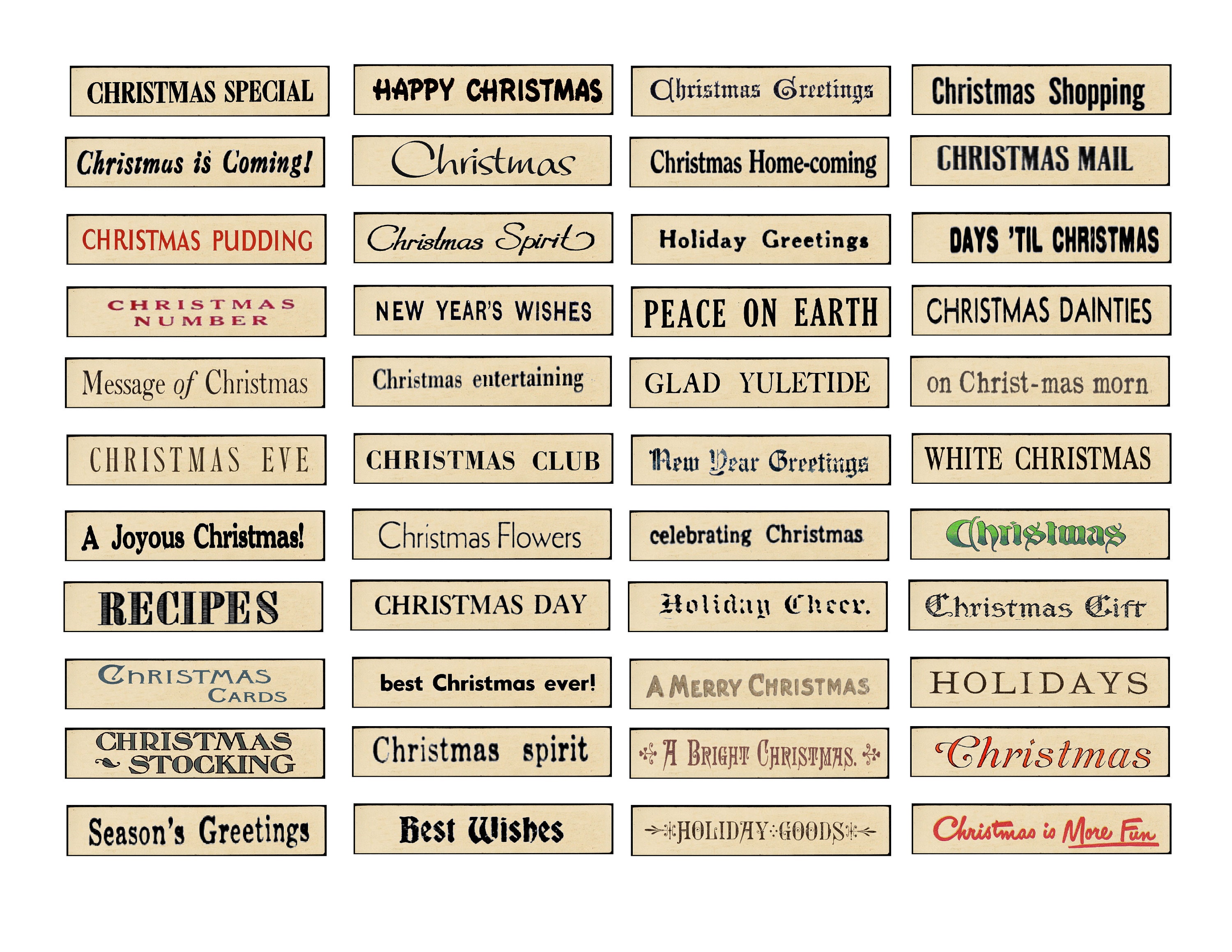 Vintage Christmas Word Labels: Junk Journal Ephemera (Digital Download)
