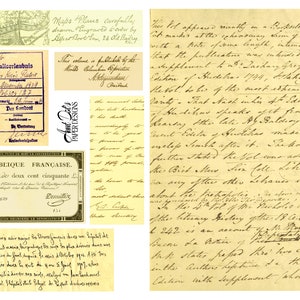 Pode incluir: Uma coleção de efêmeras vintage, incluindo um mapa, um selo, um passaporte, um recibo e notas escritas à mão. As efêmeras estão sobre um fundo creme com uma borda marrom.