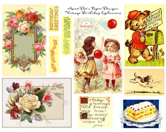 Può includere: Collage di ephemera vintage per il compleanno con immagini di fiori, un cane, una torta e due ragazze. Il testo sulle immagini include "Happy Birthday to You", "Birthday Greetings" e "A Special Birthday Greeting for You".