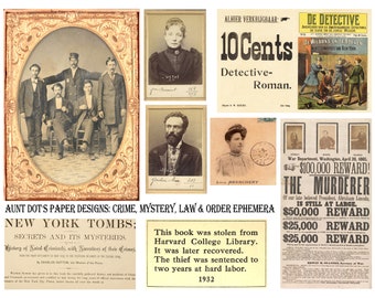 Op de afbeelding: Een collage van vintage afbeeldingen met betrekking tot misdaad, mysterie en rechtshandhaving. De afbeeldingen omvatten een groepsportret van mannen, een gezochtposter voor de moordenaar van president Lincoln en een krantenknipsel over een gestolen boek uit de Harvard College Library. De tekst op de afbeeldingen omvat "New York Tombs", "Secrets and Its Mysteries", "$100.000 Beloning!" en "De Moordenaar".