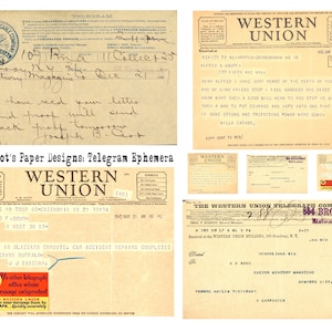 May include: A collection of vintage Western Union telegrams, including a condolence telegram, a telegram about a car accident, and a telegram from the Western Union Telegraph Company. The telegrams are printed on yellowed paper with black ink and feature the Western Union logo.