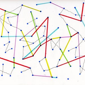 May include: Abstract artwork on white background. The design features a network of interconnected lines and dots in various colors, including red, yellow, blue, and purple. The lines create a complex, geometric pattern.