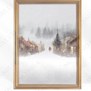 Enchanting Winter Village Christmas Art Print | Snowy Town Scene with Evergreen Trees | Cozy Holiday Wall Decor | Printable Christmas Art