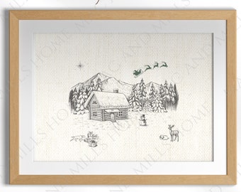 Christmas Cabin Digital Art | Rustic Winter Scene | Holiday Printable Wall Decor