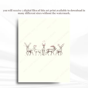May include: Five white deer with red berries on their antlers are drawn in a line on a cream background. The deer are facing forward and have a simple, elegant design.