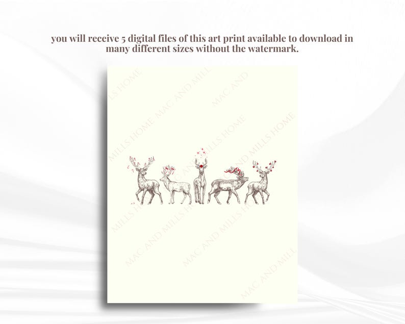 May include: Five white deer with red berries on their antlers are drawn in a line on a cream background. The deer are facing forward and have a simple, elegant design.