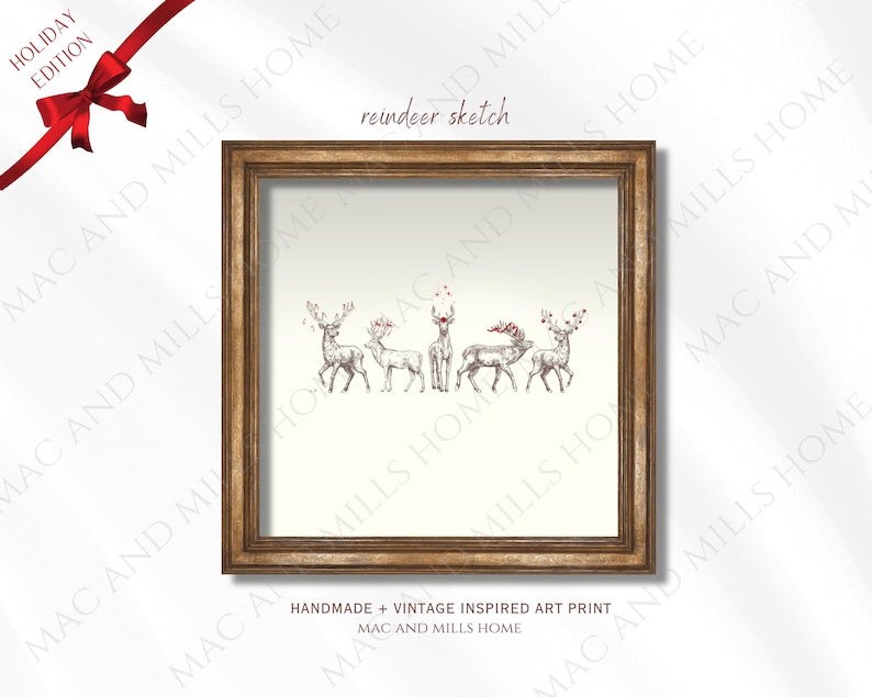 May include: A framed art print with a vintage inspired design of a line of reindeer with red berries on their antlers. The print is titled "reindeer sketch" and is framed in a brown wood frame. The print is handmade and inspired by vintage art.