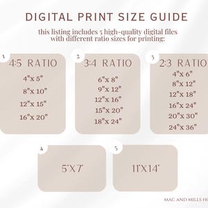 May include: A digital print size guide with five different aspect ratios for printing. The guide shows the dimensions in inches for each ratio, including 4:5, 3:4, 2:3, 5:7, and 11:14.
