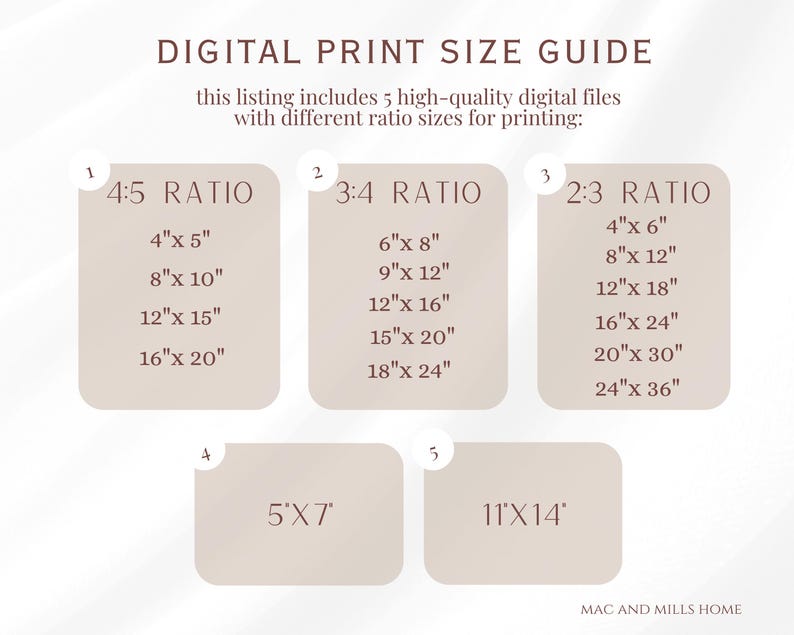 May include: A digital print size guide with five different aspect ratios for printing. The guide shows the dimensions in inches for each ratio, including 4:5, 3:4, 2:3, 5:7, and 11:14.