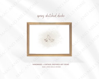 Arte mural con dibujo de pato primaveral / Decoración minimalista de la naturaleza / Estampado animal de inspiración vintage