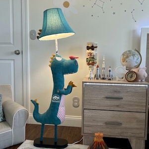 Dino Lamp: Teal Plush Dinosaur Lamp with Bird Accent