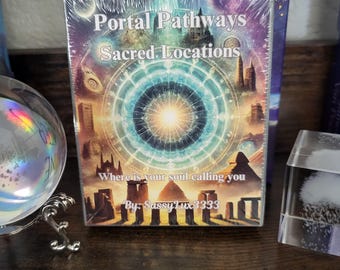 May include: A deck of cards titled Portal Pathways Sacred Locations, featuring a central glowing mandala surrounded by ancient stone structures and pyramids. The text reads Where is your soul calling you and By: SassyLux3333 on the front cover.