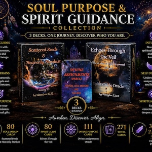 May include: A collection of three oracle card decks titled Scattered Seeds & Heavenly Stardust, Divine Assignments Oracle, and Echoes Through The Veil. The set includes 271 total cards with dimensions of 3x4 and 2.5x3.5 inches, featuring cosmic imagery.