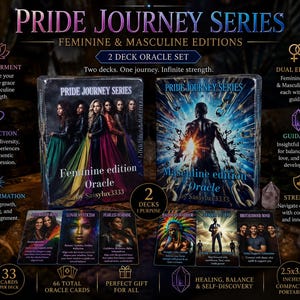 May include: A Pride Journey Series oracle card set featuring two decks, Feminine and Masculine editions. The boxes display figures and text, accompanied by six individual cards showing illustrations and text. The set includes 66 total cards.